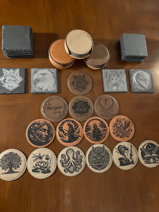 Custom Leather Coasters - Your logo/image OR pick from our collection - Great Gift - High Quality - Durable - Laser Engraved