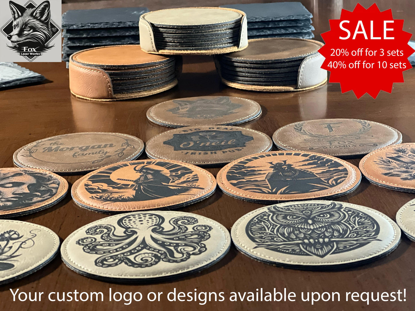 Custom Leather Coasters - Your logo/image OR pick from our collection - Great Gift - High Quality - Durable - Laser Engraved